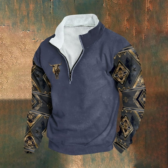 Wancir Men's Casual Sweatshirt Retro Ethnic Style Printed Stand Collar Zipper Long Sleeve Loose Top Fashion Comfort Pullover