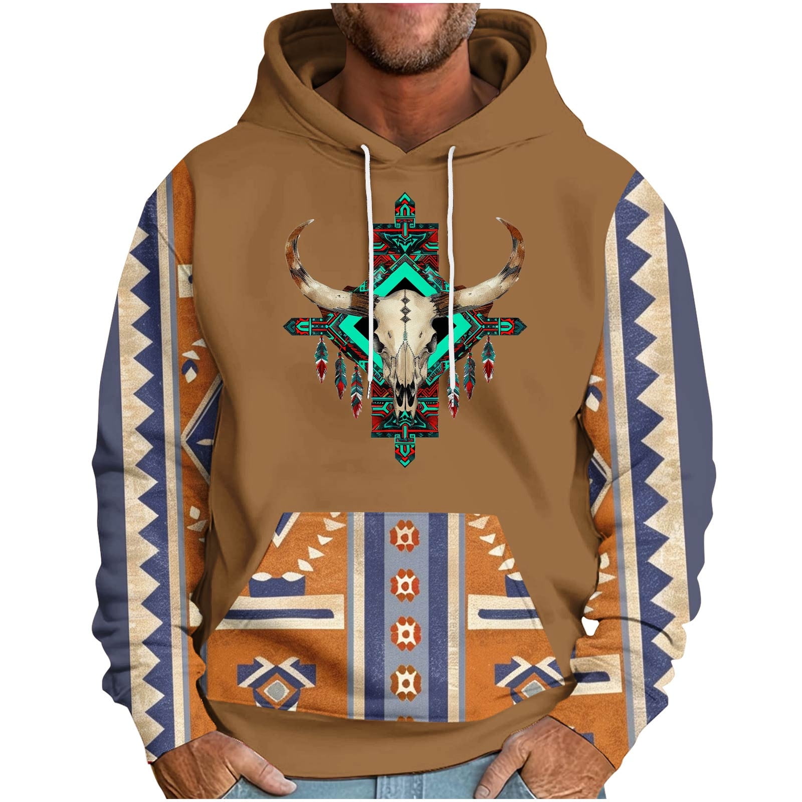 Men's Graphic Aztec Cowboy Hoodie - Vintage Western Pullover Sweatshirt With Ethnic Print