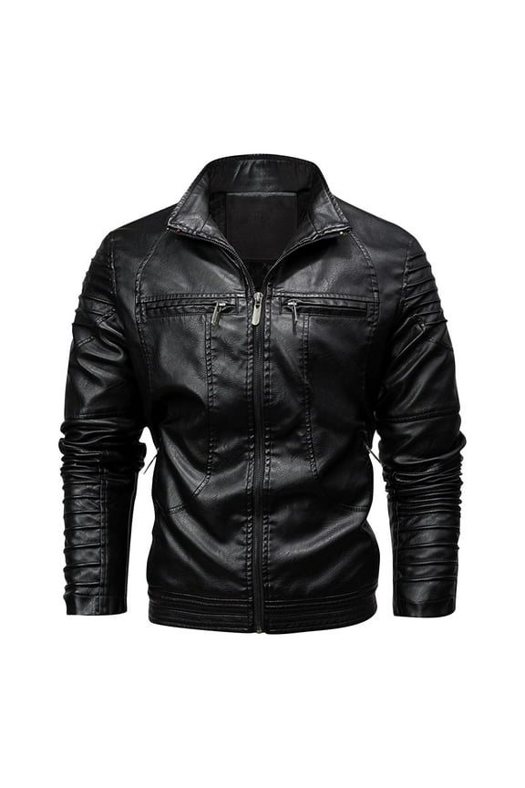 Wancir Men's Stand Collar Fleece Lined Bomber Faux Leather Jacket