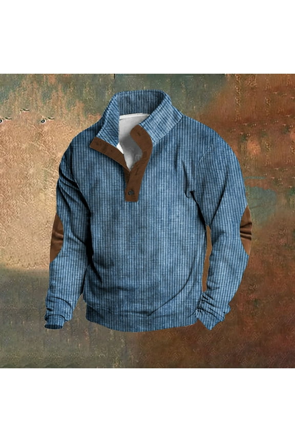 Wancir Men's Vintage Corduroy Standing Collar Button Long Sleeve Patchwork Pullover Sweatshirts Outdoor Casual Slim Sweaters Tops