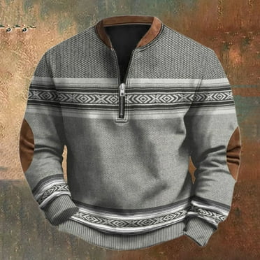 DecSea Mens Western Sweatshirts Aztec Long Sleeve 1/4 Zip Ethnic Pullover Jacket Fleece Stand Collar Tops