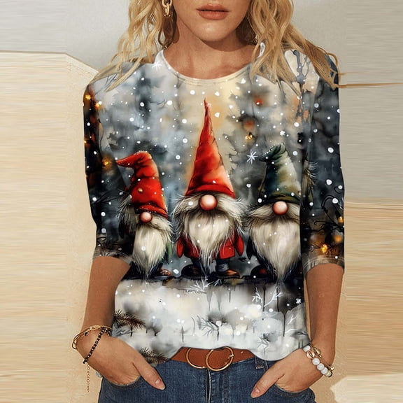 Wancir Merry Christmas Shirt 3/4 Length Sleeve Womens Blouse Holiday Santa Claus Graphic Printed Tshirts Tops