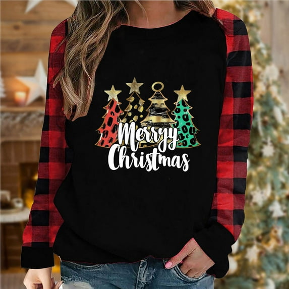 Wancir Merry Christmas Tshirt for Women Plaid Christmas Trees Graphic Tee Tops Casual Long Sleeve Shirt Blouse