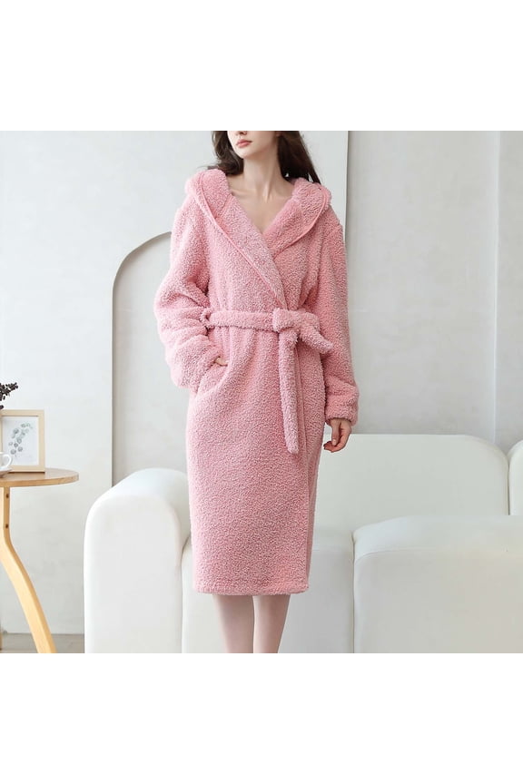 Wancir Robe Winter Bathrobe Women Loose Loungewear Sweet Tender Robe Fleece Coral Warm Robes Pink Grey