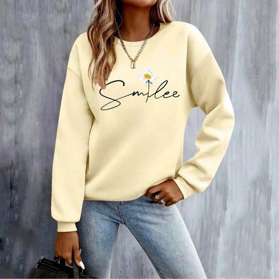 Wancir Sweatshirts Smile Crewneck Sweatshirt Smile Fashion Casual Letter Print Long Sleeve Shirt Pullover Tops