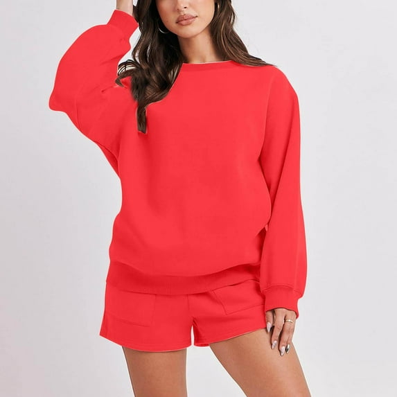 Wancir Women 2 Piece Outfits Sweatsuit Oversized Sweatshirt Lounge Sets 2024 Fashion Long Sleeve Shorts Matching Sets with Pockets