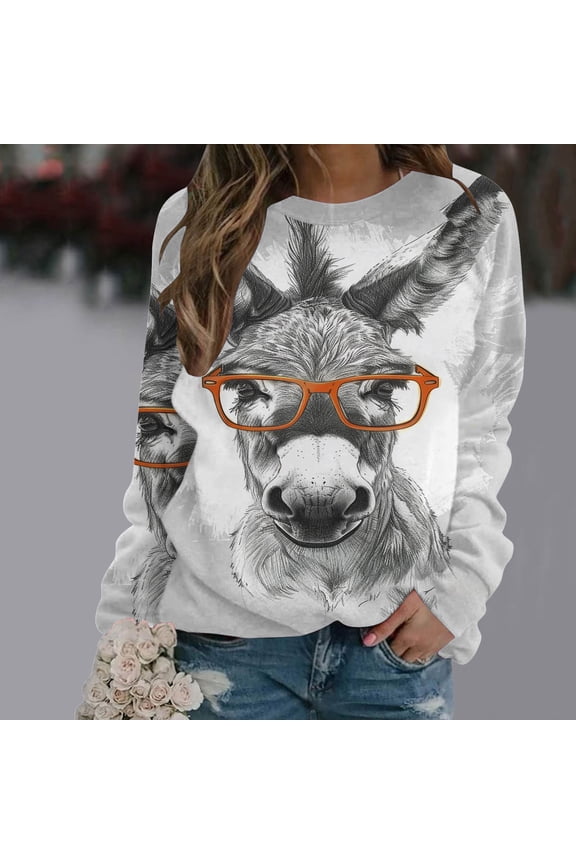 Wancir Women Comfy Sweatshirt Donkey Print Solid Crew Neck Long Sleeve Cute Pullover Top