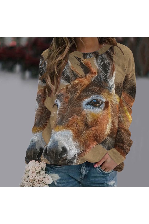 Wancir Women Comfy Sweatshirt Donkey Print Solid Crew Neck Long Sleeve Cute Pullover Top
