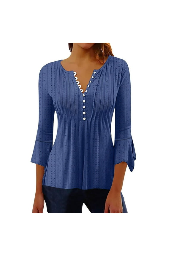 Wancir Women's Casual 3/4 Sleeve Henley V-Neck Button Up Pleated Back Blouses Swiss Dot Blouse Tops T-Shirts