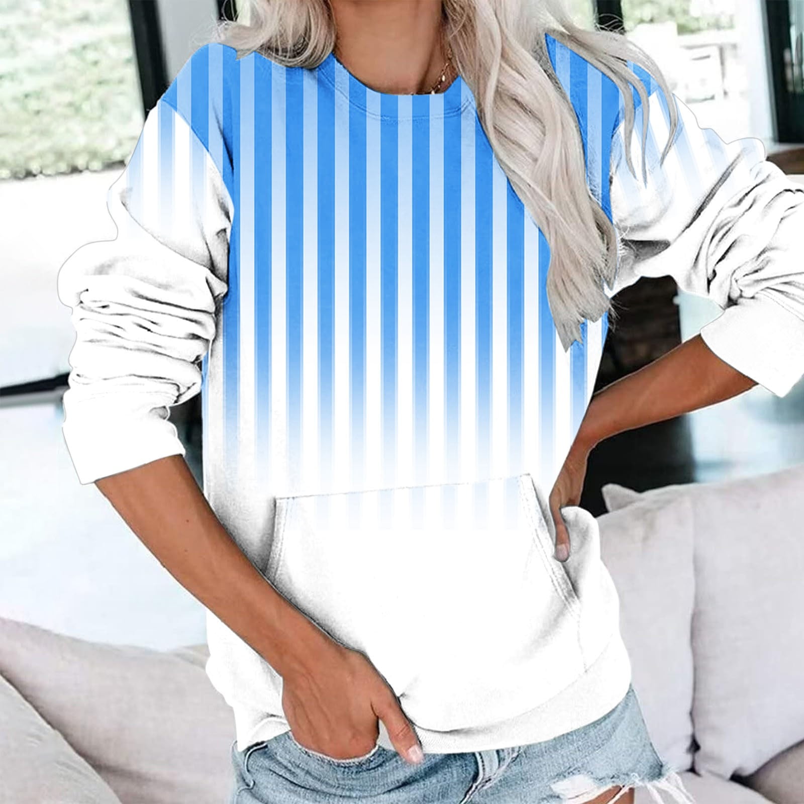 BLUE COLOR BLOCK BUBBLE LONG SLEEVE PULLOVER TOP