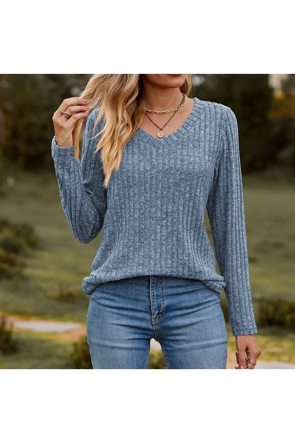 Wancir Women's Fall Long Sleeve V Neck Ribbed Knit Sweaters Loose Fit Casual Soft Pullover Sweater Jumper Tops