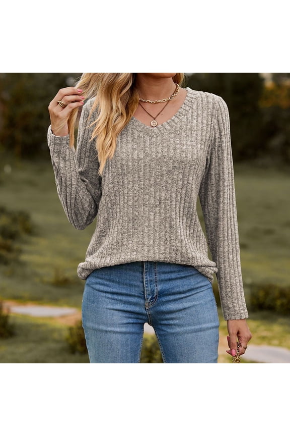Women's Fall Long Sleeve V Neck Ribbed Knit Sweaters Loose Fit Casual Soft Pullover Sweater Jumper Tops