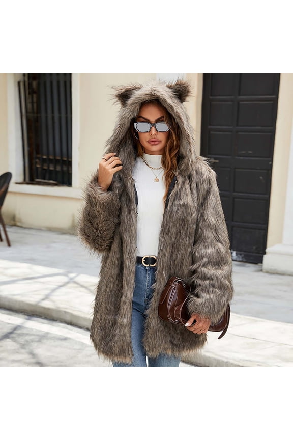 Wancir Women's Fashion Winter Coats Fuzzy Fleece Long Hooded Jackets Button Down Faux Fur Warm Outerwear