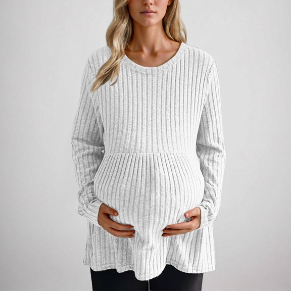 Wancir Women's Maternity Sweaters Striped Long Sleeve Round Neck Knitted Pregnancy Pullover Sweater Top