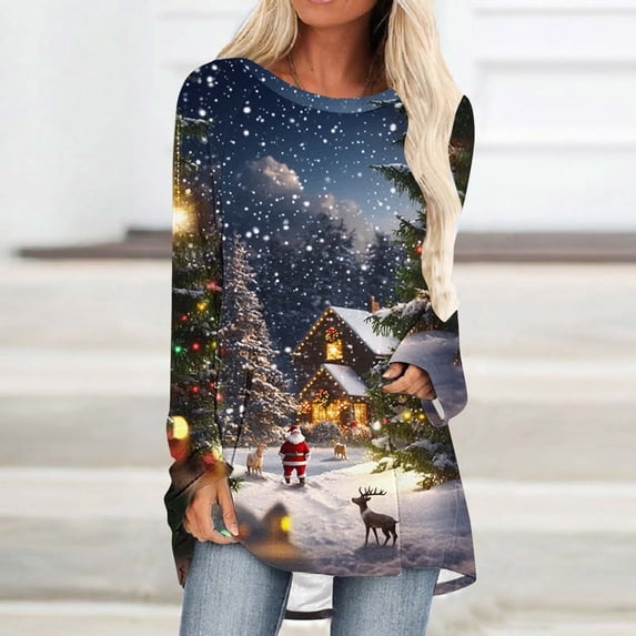 Wancir Women's Merry Christmas Shirts Funny Leopard Plaid Tree Graphic Cute Long Sleeve Crewneck Tees Tops