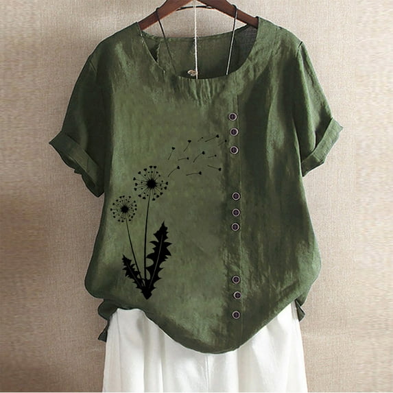Wancir Women's Short Sleeve Cotton Linen Blouses Plus Size Summer Tops Vintage Dandelion Print T-Shirt Loose Button Tunic Shirt