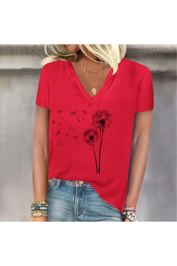 Wancir Women's V Neck T Shirts Casual Rolled Short Sleeve Side Split Summer Tops Loose Fit