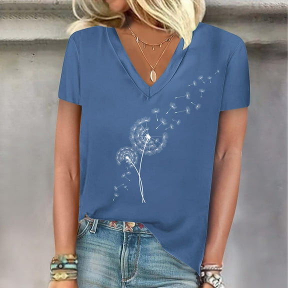 Wancir Women's V Neck T Shirts Casual Rolled Short Sleeve Side Split Summer Tops Loose Fit