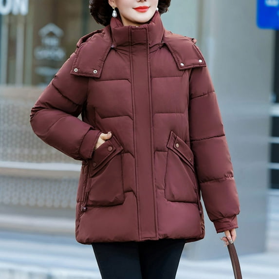 Wancir Women's Winter Coat Casual Solid Color Hooded With Plush Medium-Length Long Sleeved Cotton Coat Jacket