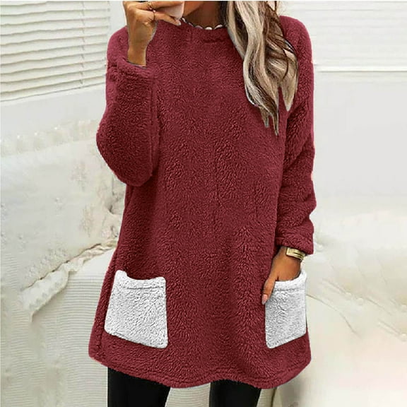 Wancir Women's Winter Warm Sherpa Lined Fleece Crewneck Sweatshirt Pullover Loungewear Tunic Tops With Pocket