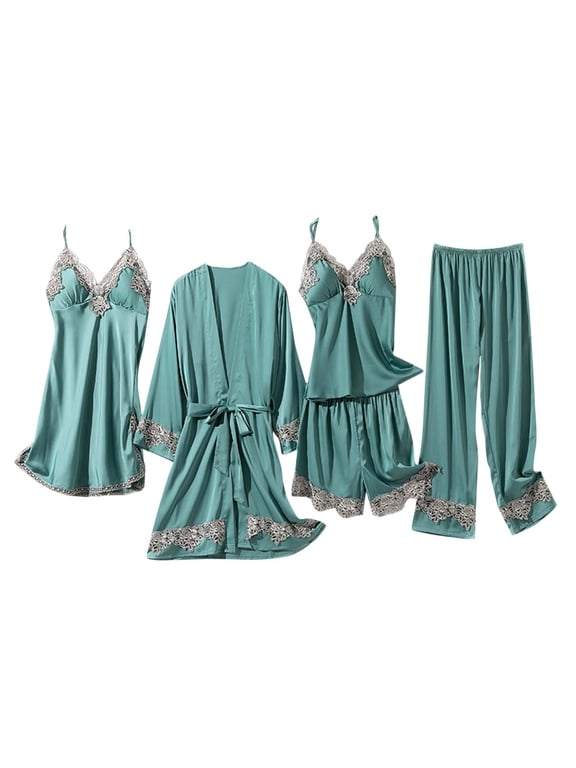 Wancir Womens 5 Piece Satin Pajama Set Lace Camisole Nightgown with Shorts Pants Robe Sleepwear Sexy Floral Nightwear