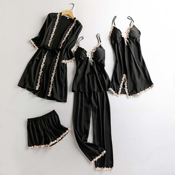 Wancir Womens 5 Piece Satin Pajama Set Lace Camisole Nightgown with Shorts Pants Robe Sleepwear Sexy Floral Nightwear