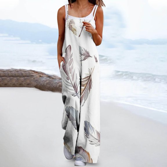 Wancir Womens Casual Jumpsuits Loose Overalls Summer Sleeveless Stretchy Wide Leg Long Pants Romper with Pockets