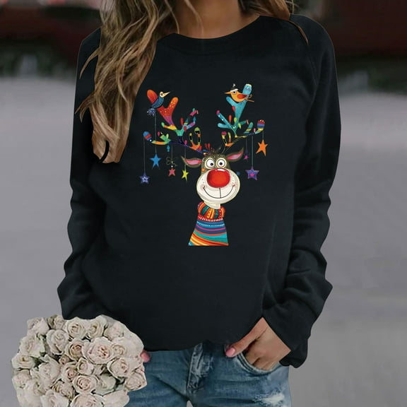 Wancir Womens Christmas Sweatshirt Funny Reindeer Snowman Crewneck Xmas Holiday Long Sleeves Pullover Tops