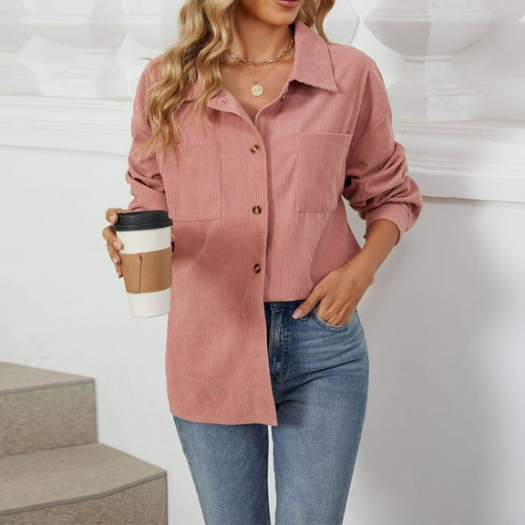 DecSea Womens Corduroy Button Down Shirts Boyfriend Long Sleeve Oversized Blouses Tops