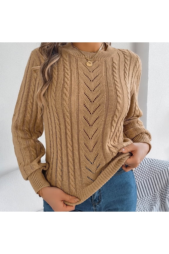 Wancir Womens Crewneck Crochet Lace Long Sleeve Hollow Out Cable Knit Sweaters Pullover Tops