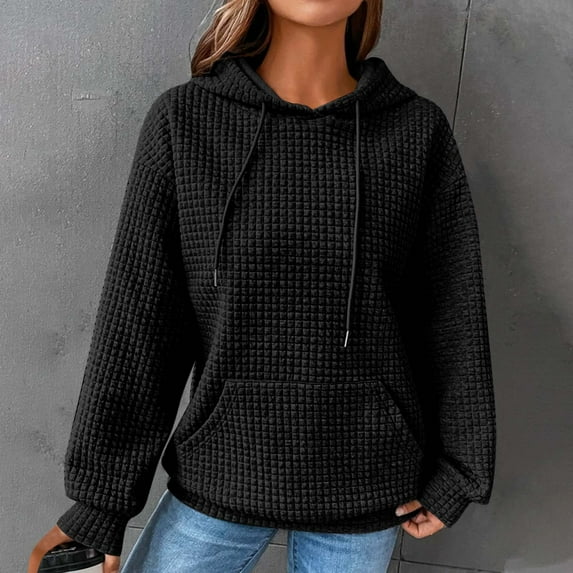Wancir Womens Hoodies Casual Long Sleeve Drawstring Waffle Pullover Tops Loose Hooded Sweatshirt with Pocket