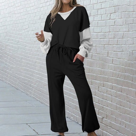 Wancir Womens Long Sleeve Crewneck Color Block Sweatshirt with Jogger Pants 2 Piece Outfits Tracksuit Lounge Set
