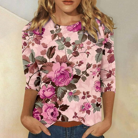 Wancir Womens Tops 3/4 Sleeve Shirts Round Neck Loose Casual Blouses Floral Print Tshirts