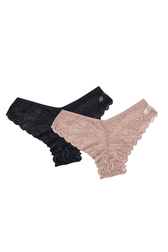 2 Pack Thongs for Women Hollow Out Lace Underwear V Waisted Breathable Bikini Panties