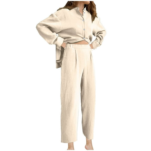ameIAEA 2 Piece Outfits for Women Cotton Linen Button Down Shirts Wide Leg Pants Casual Set