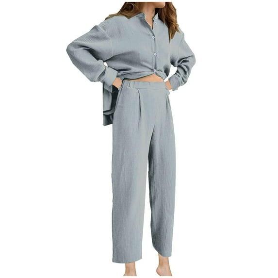 ameIAEA 2 Piece Outfits for Women Cotton Linen Button Down Shirts Wide Leg Pants Casual Set