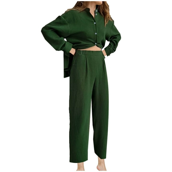 ameIAEA 2 Piece Outfits for Women Cotton Linen Button Down Shirts Wide Leg Pants Casual Set