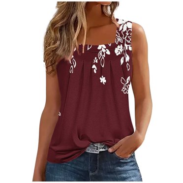 OUNAR Womens Crew Neck Tank Tops Summer Dandelion Floral Print Top Casual Side Split Tanks Cami Shirts, A1-retro Blue, S