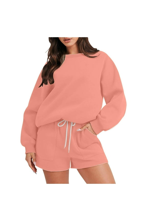 Active Wear Sets for Women Long Sleeve Pullover Sweatshirts Drawstring Shorts with Pockets