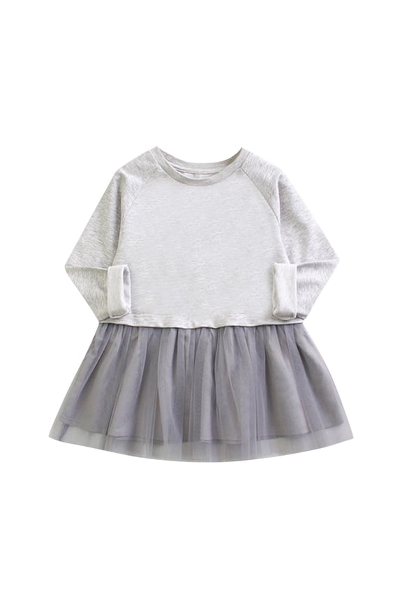 Baby Girls Long Sleeve Casual Dress Toddler Crewneck Patchwork Layered Tulle Dresses