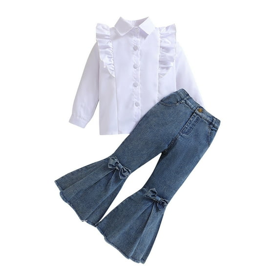 ameIAEA Baby Girls Spring Clothes Toddler Long Sleeve Ruffle Tops Flared Jeans Outfits Set