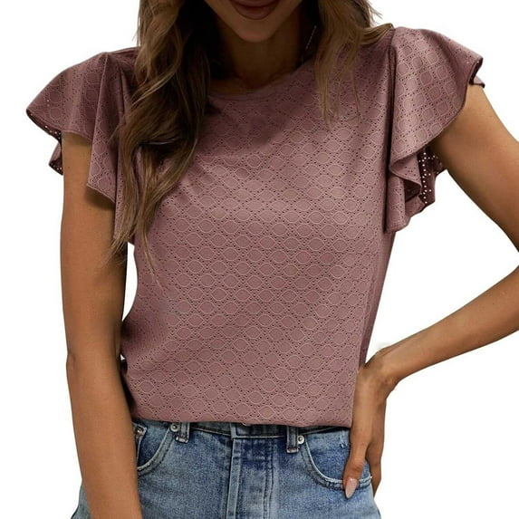 ameIAEA Blouses for Women Dressy Casual Short Sleeve Summer Work Tops Round Neck Solid Color Shirts