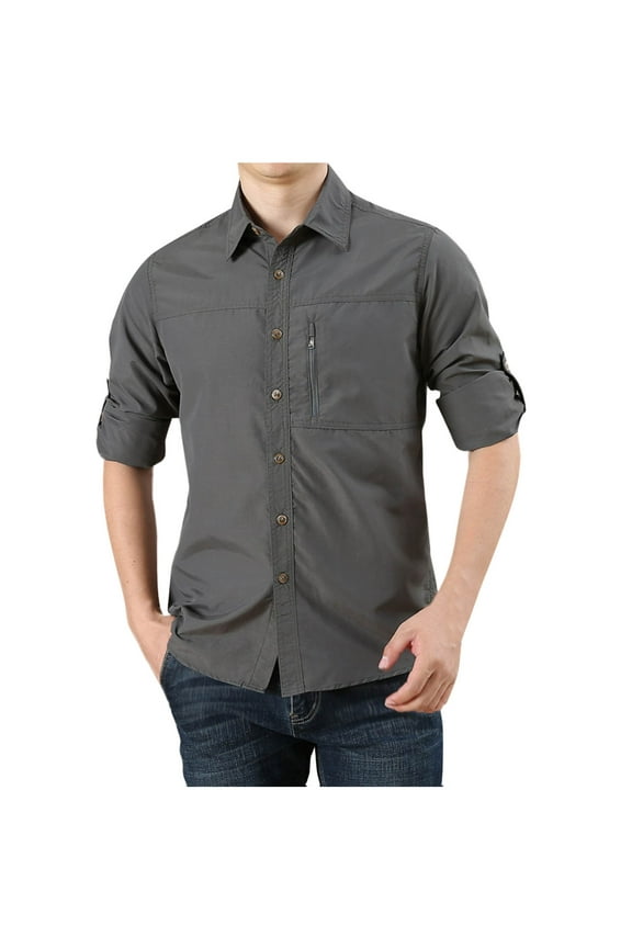 Business Casual Work Shirts for Men Fall Long Sleeve Button Down Shirt Tops with Zipper Pocket