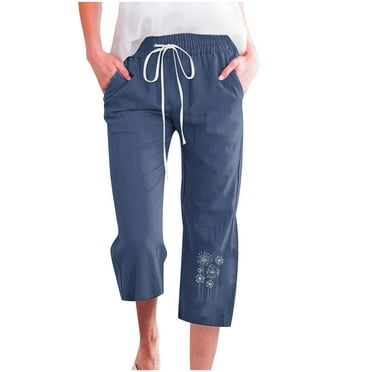 ameIAEA Capri Pants for Women Casual Summer Print Trouser Elastic Waist Crop Pants with Drawstring