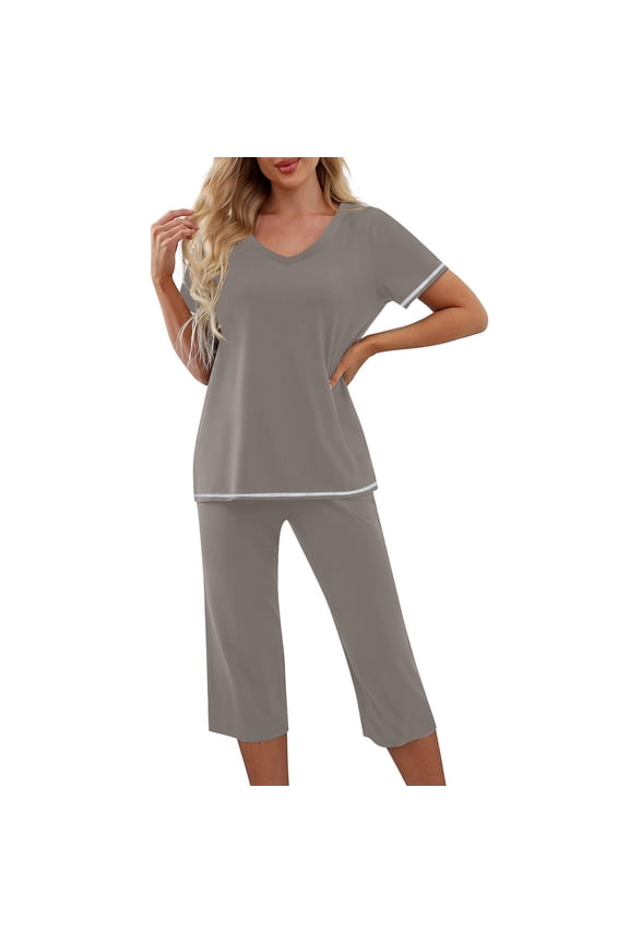 Capri Sets Women 2 Piece Outfits Vacation Color Block Short Sleeve Shirt Tops Cropped Pants Pajamas Set