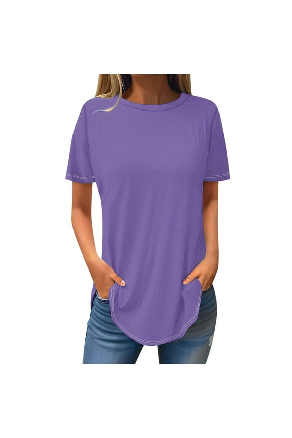Casual Round Neck T Shirts for Women Short Sleeve Curved Hem Tops Loose Summer Tops