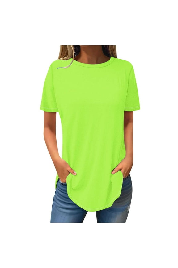 Casual Round Neck T Shirts for Women Short Sleeve Curved Hem Tops Loose Summer Tops