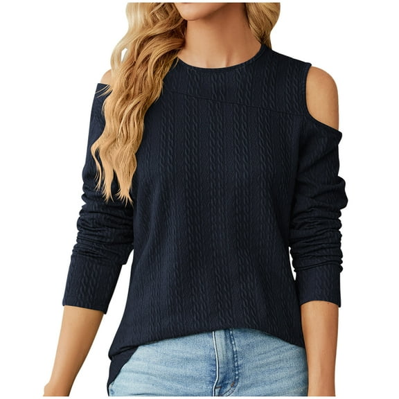 ameIAEA Cold Shoulder Tops for Women Long Sleeve Trendy Blouses Crewneck Casual Fall Shirts