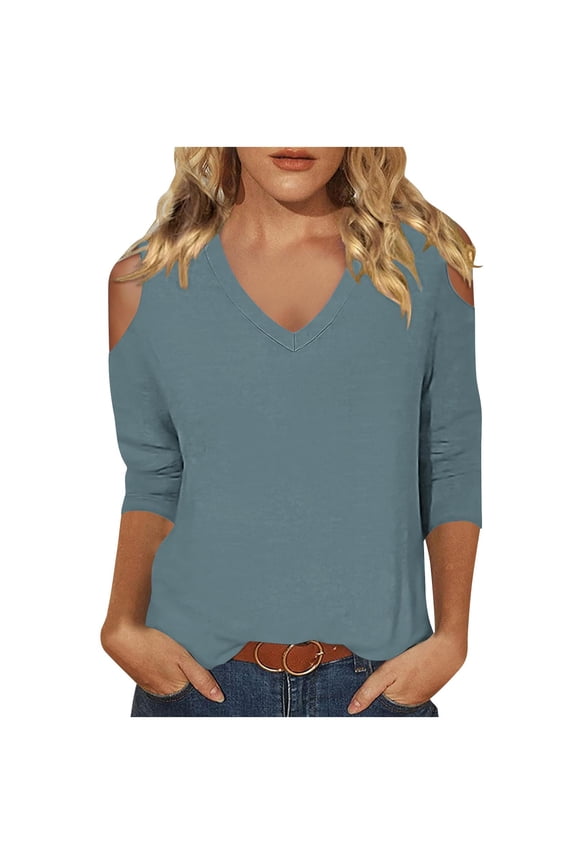 Cold Shoulder Tops for Women V Neck 3/4 Sleeve Blouses Casual Shirts Fall Fashion Clothes