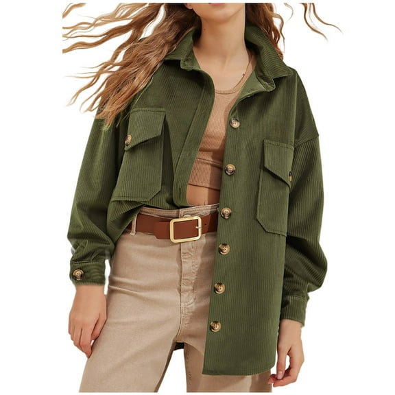 ameIAEA Corduroy Jacket Women Long Sleeve Button Down Shacket Solid Color Fashion Coat with Jacket